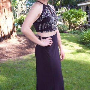 Two-piece gown w/ crystal-embellished cropped top